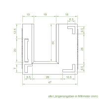 Technische Zeichnung des Einlauftrichters mit den Maßen 47 x 43 mm.