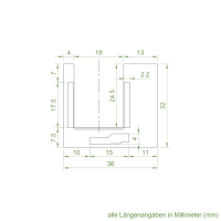 Technische Zeichnung des Einlauftrichters mit den Maßen 36 x 32 mm.