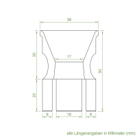 Technische Zeichnung des Einlauftrichters mit den Maßen 36 x 37 mm.