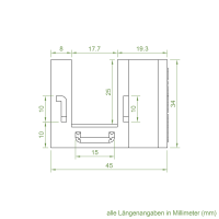 Technische Zeichnung des Einlauftrichters mit den Maßen 45 x 34 mm.