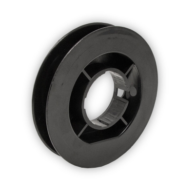 Mini-Gurtsscheibe in schwarz aus Kunststoff mit 115 mm Durchmesser.
