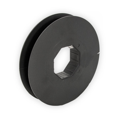 Mini-Gurtsscheibe in schwarz aus Kunststoff mit 115 mm Durchmesser.