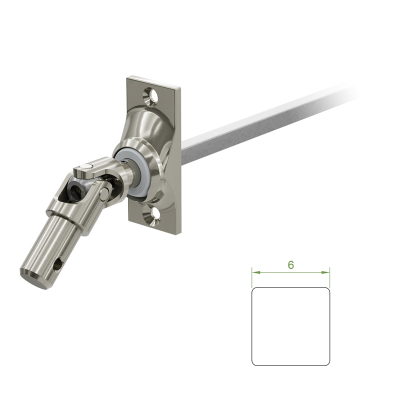 Ein Geiger Gelenklager G009 mit einer Grundplatte von 22 mal 52 mm und einem verchromten Kurbelzapfen von 11,9 mm. Der Abtrieb zum Rollladengetriebe ist ein 6 mm verzinkter Vierkant, 300 mm lang. Verkauf von Diwaro.