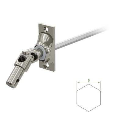 Ein Geiger Gelenklager G014 mit einer Grundplatte von 22 mal 52 mm und einem verchromten Kurbelzapfen von 11,9 mm. Der Abtrieb zum Rollladengetriebe ist ein 6 mm verzinkter Sechskant, 300 mm lang. Verkauf von Diwaro.