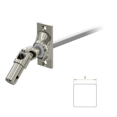 Ein Geiger Gelenklager G018 mit einer Grundplatte von 22 mal 52 mm und einem verchromten Kurbelzapfen von 12,9 mm. Der Abtrieb zum Rollladengetriebe ist ein 6 mm verzinkter Vierkant, 300 mm lang. Verkauf von Diwaro.