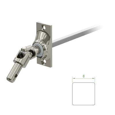 Ein Geiger Gelenklager G019 mit einer Grundplatte von 22 mal 52 mm und einem verchromten Kurbelzapfen von 9,9 mm. Der Abtrieb zum Rollladengetriebe ist ein 6 mm verzinkter Vierkant, 300 mm lang. Verkauf von Diwaro.
