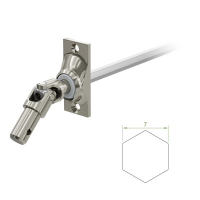 Ein Geiger Gelenklager G020 mit einer Grundplatte von 22 mal 52 mm und einem verchromten Kurbelzapfen von 11,9 mm. Der Abtrieb zum Rollladengetriebe ist ein 7 mm verzinkter Sechskant, 300 mm lang. Verkauf von Diwaro.