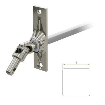 Ein Geiger Gelenklager G024 mit einer Grundplatte von 22 mal 85 mm und einem verchromten Kurbelzapfen von 9,9 mm. Der Abtrieb zum Rollladengetriebe ist ein 8 mm verzinkter Vierkant, 300 mm lang. Verkauf von Diwaro.