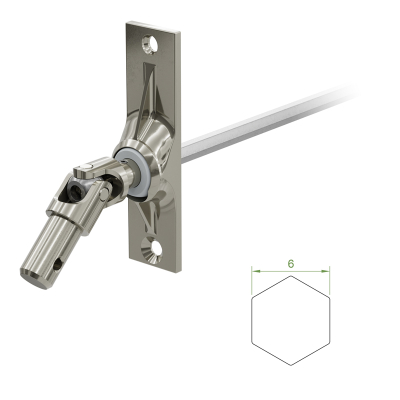 Ein Geiger Gelenklager G065 mit einer Grundplatte von 22 mal 85 mm und einem verchromten Kurbelzapfen von 11,9 mm. Der Abtrieb zum Rollladengetriebe ist ein 6 mm verzinkter Sechskant, 500 mm lang. Verkauf von Diwaro.
