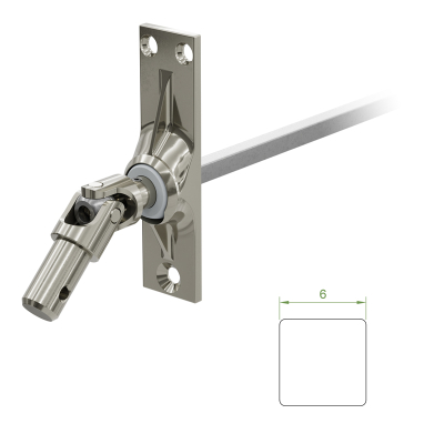 Ein Geiger Gelenklager G028 mit einer Grundplatte von 22 mal 85 mm und einem verchromten Kurbelzapfen von 11,9 mm. Der Abtrieb zum Rollladengetriebe ist ein 6 mm verzinkter Vierkant, 300 mm lang. Verkauf von Diwaro.