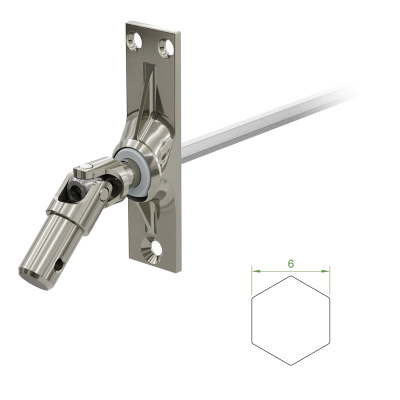 Ein Geiger Gelenklager G029 mit einer Grundplatte von 22 mal 85 mm und einem verchromten Kurbelzapfen von 12,9 mm. Der Abtrieb zum Rollladengetriebe ist ein 6 mm verzinkter Sechskant, 300 mm lang. Verkauf von Diwaro.