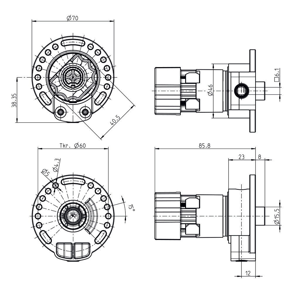 Kegelradgetriebe K026 | Untersetzung 3:1 links | mit Zapfen | für 42 mm Kittelberger Welle | Maße